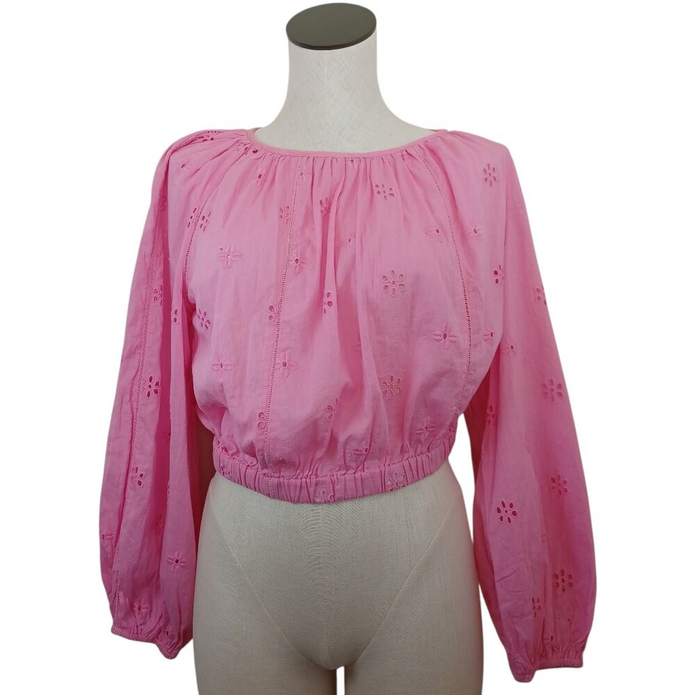 Velvet by Graham & Spencer Top Pink Yara Eyelet Puff Sleeve Crop Blouse ‎ Size M